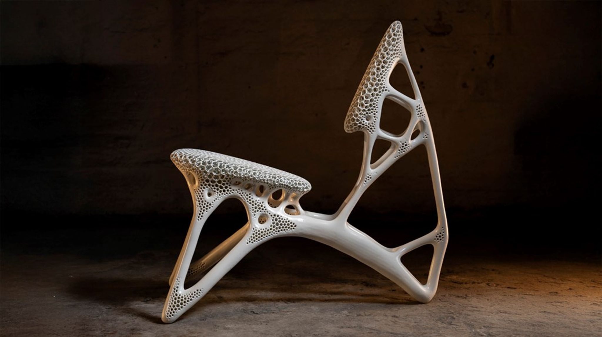 Stolen er ”groet” frem i en computersimulation, ikke tegnet af en menneskelig designer. Konstruktionen er inspireret af den måde fugles knogler dannes&nbsp;med et minimum af materialer.&nbsp;