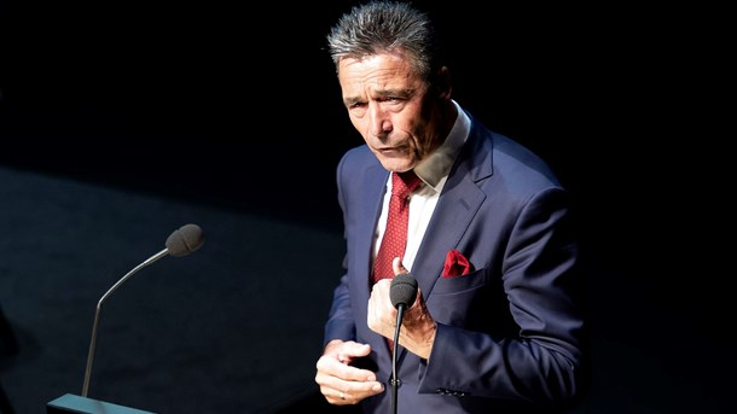 Tidligere dansk statsminister og NATO-generalsekretær Anders Fogh Rasmussen er en af hovedkræfterne bag undersøgelsen. Her ses han ved Copenhagen Democracy Summit som afholdes i Skuespilhuset i København i dag.