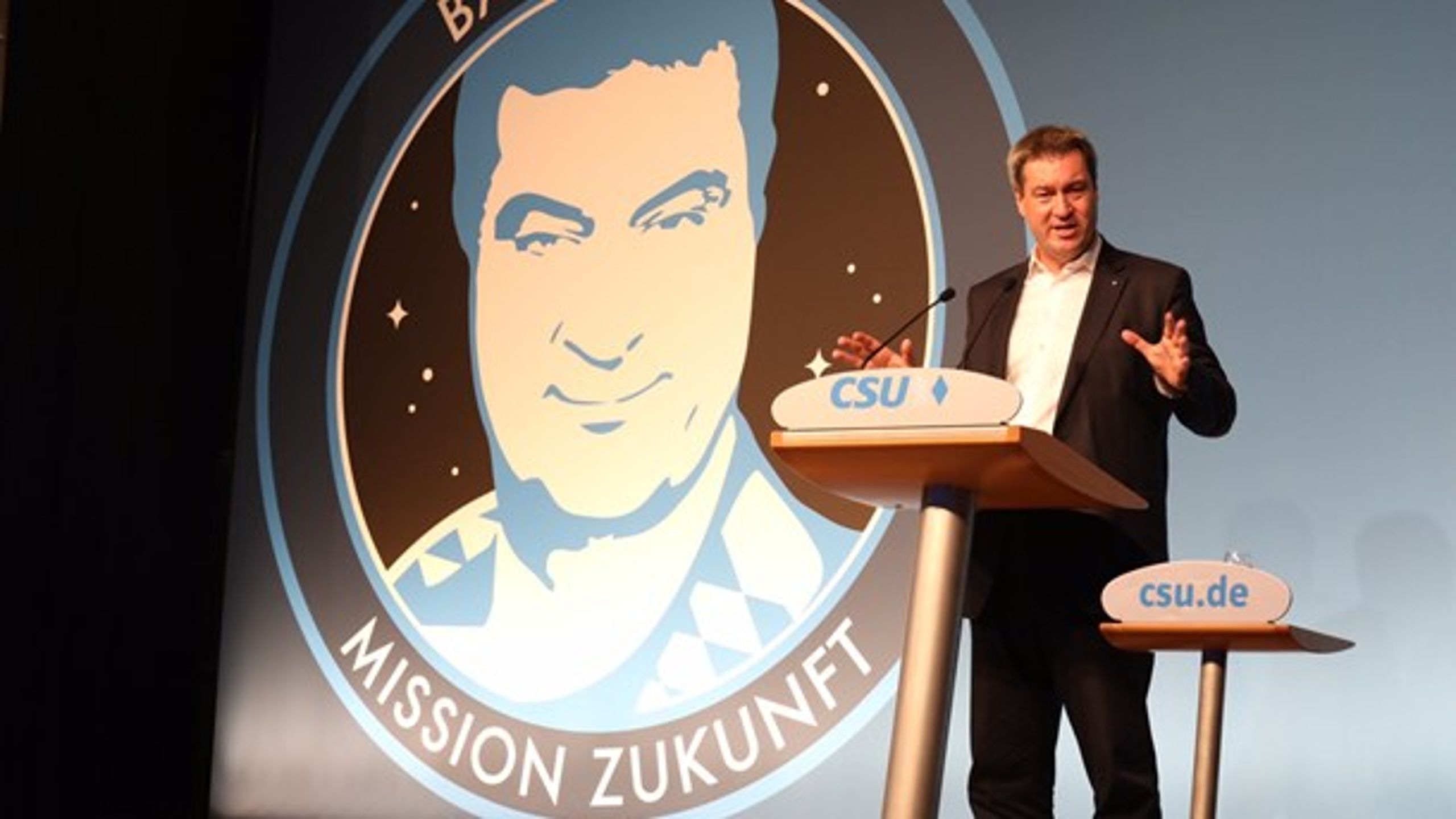 Den bayerske ministerpræsident, Markus Söder, pryder selv logoet for Bayerns&nbsp;ambitiøse nye&nbsp;rumfartsprogram