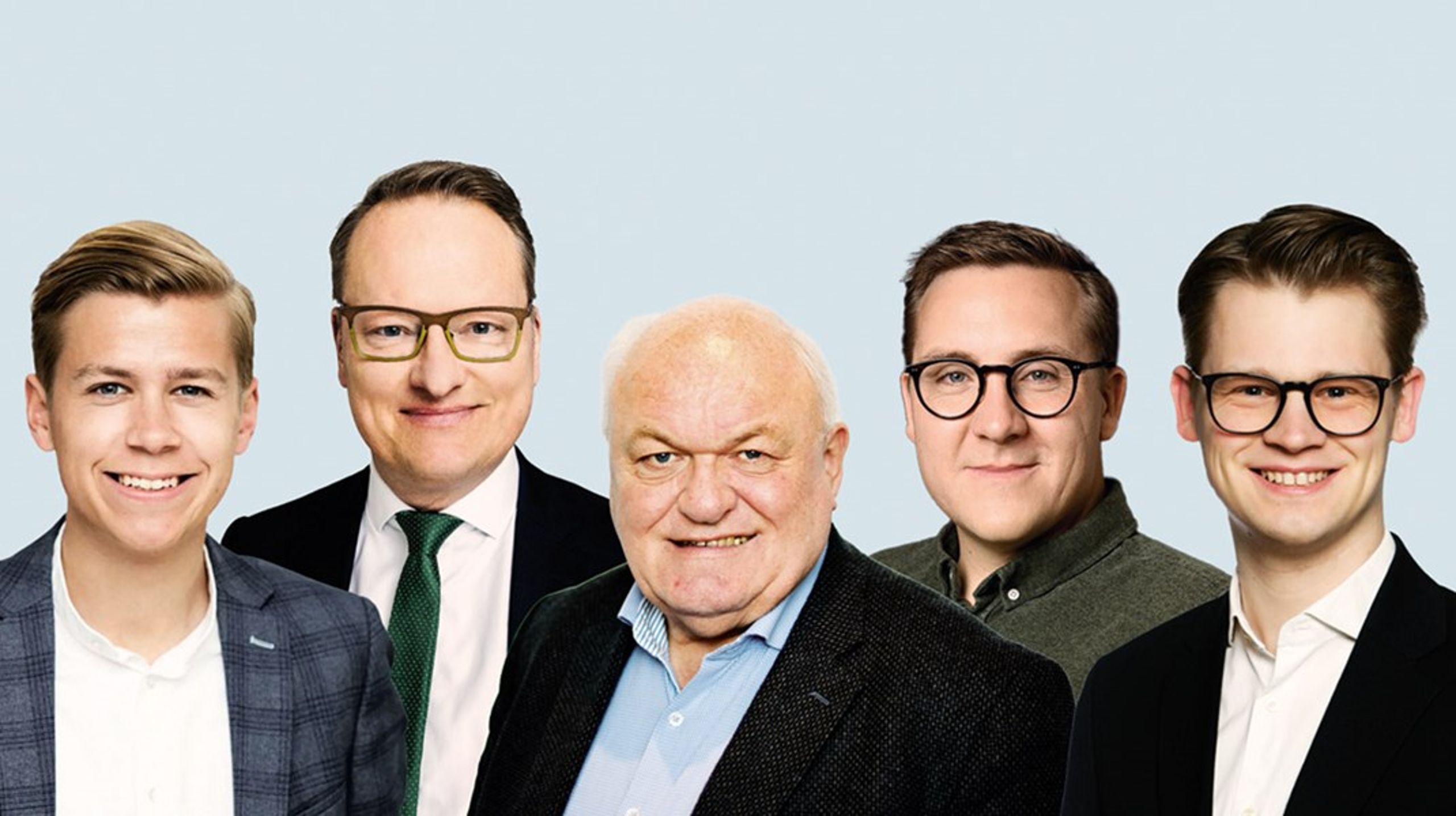 Lobbyansatte eller selvstændige lobbyister, der er valgt ind i landets byråd og regionsråd. Fra venstre: Thomas Rohden (R), Nikolaj Bøgh (K), Flemming Damgaard Larsen (V), Bergur Løkke Rasmussen (M) og Nikolaj Bjørk Christensen (V).