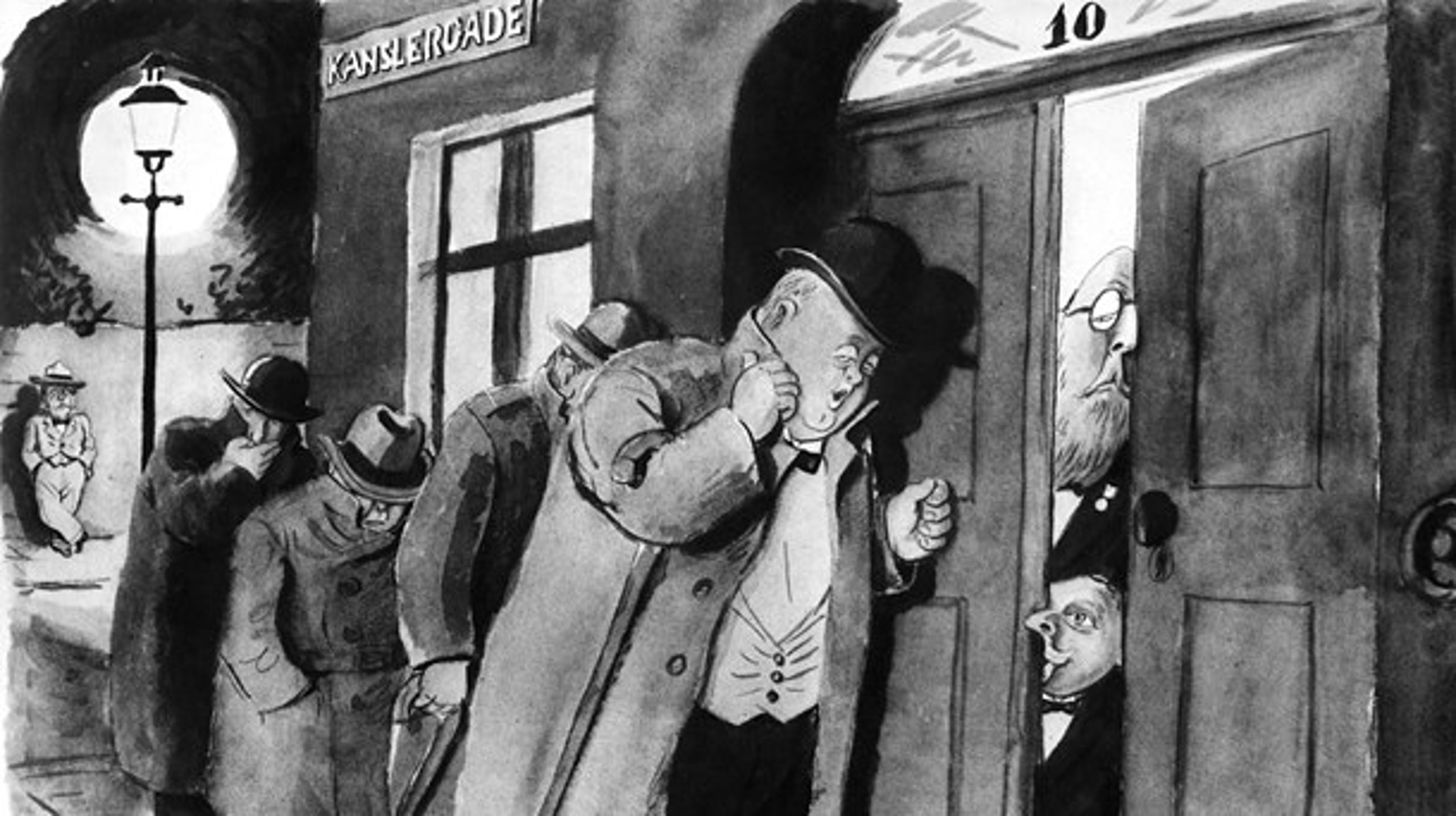 På den berømte karikaturtegning "Det er os" ses Stauning i døråbningen, og&nbsp;Oluf Krag står forrest og banker på. Helt&nbsp;i baggrunden står&nbsp;Christmas Møller, holdt uden for forhandlingerne. Tegnet af Jensenius, 1933.