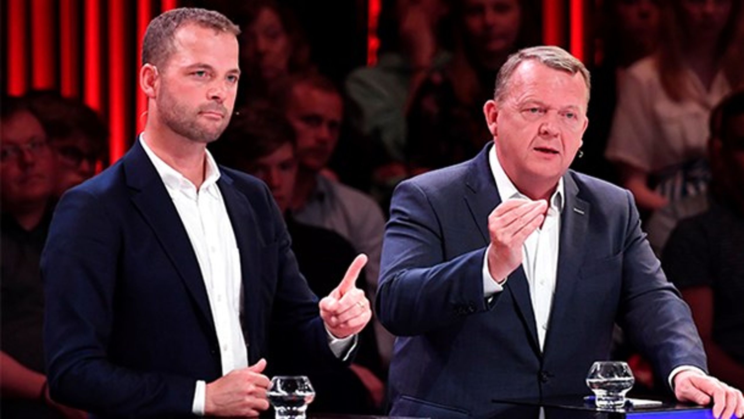 Morten Østergaard (Rad.) og Lars Løkke Rasmussen (V) under partilederrunde på DR1 mandag den 3. juni 2019.