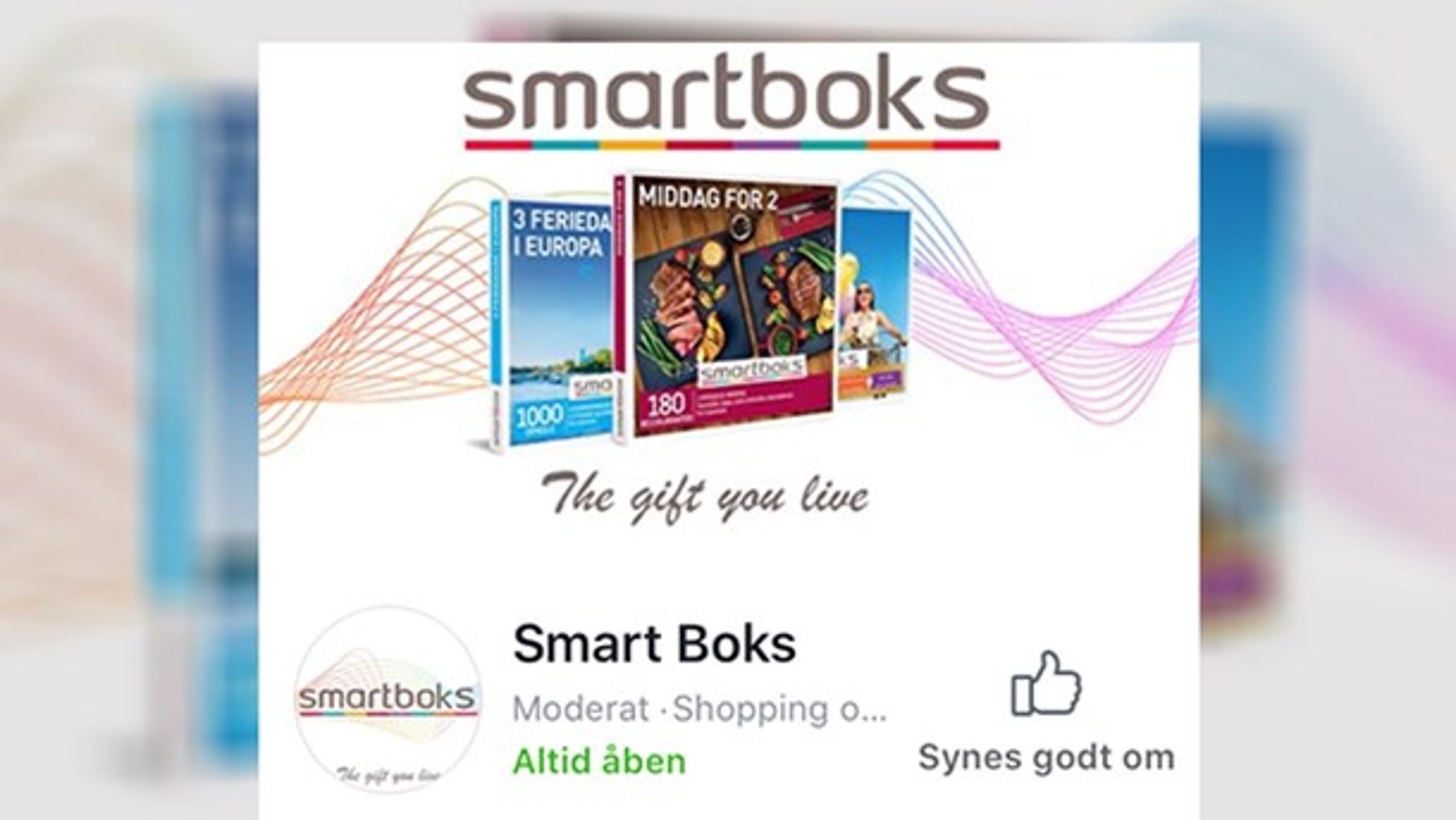 Sådan ser toppen af den falske facebookside ud. Logoet ligner Smartbox' logo, men oplevelsesvirksomhedens navn staves forkert både i logoet og facebooksidens navn (Smartboks).&nbsp;