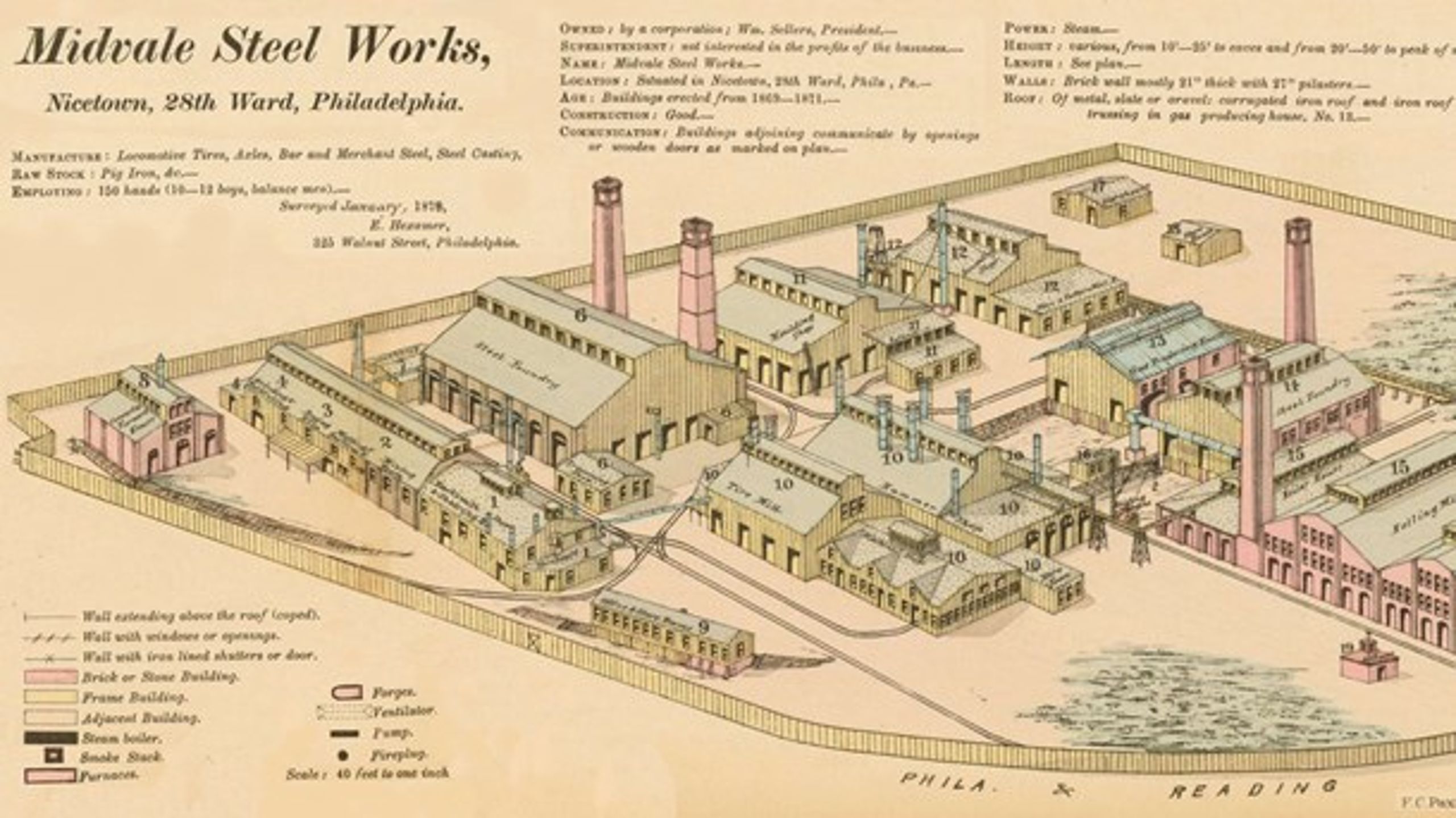 Midvale Steelworks i Philadelphia. Her gjorde F. W. Taylor sig de første overvejelser omkring&nbsp;optimering&nbsp;af fabriksarbejderes opgaver.