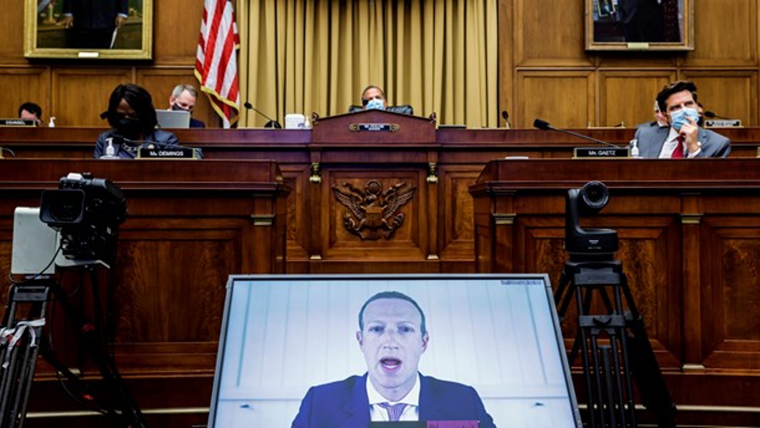 Facebooks CEO, Mark Zuckerberg, taler via videoforbindelse til høringen i Kongressen den 29. juli 2020.